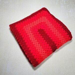 Vintage Handmade Afghan Blanket Granny Crochet Knit 64x49 Red